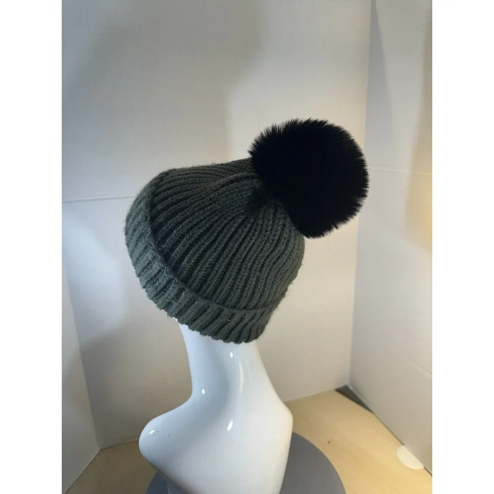 Steve Madden Green Cuffed Beanie with Black POM Winter Hat Ski Cap One Size